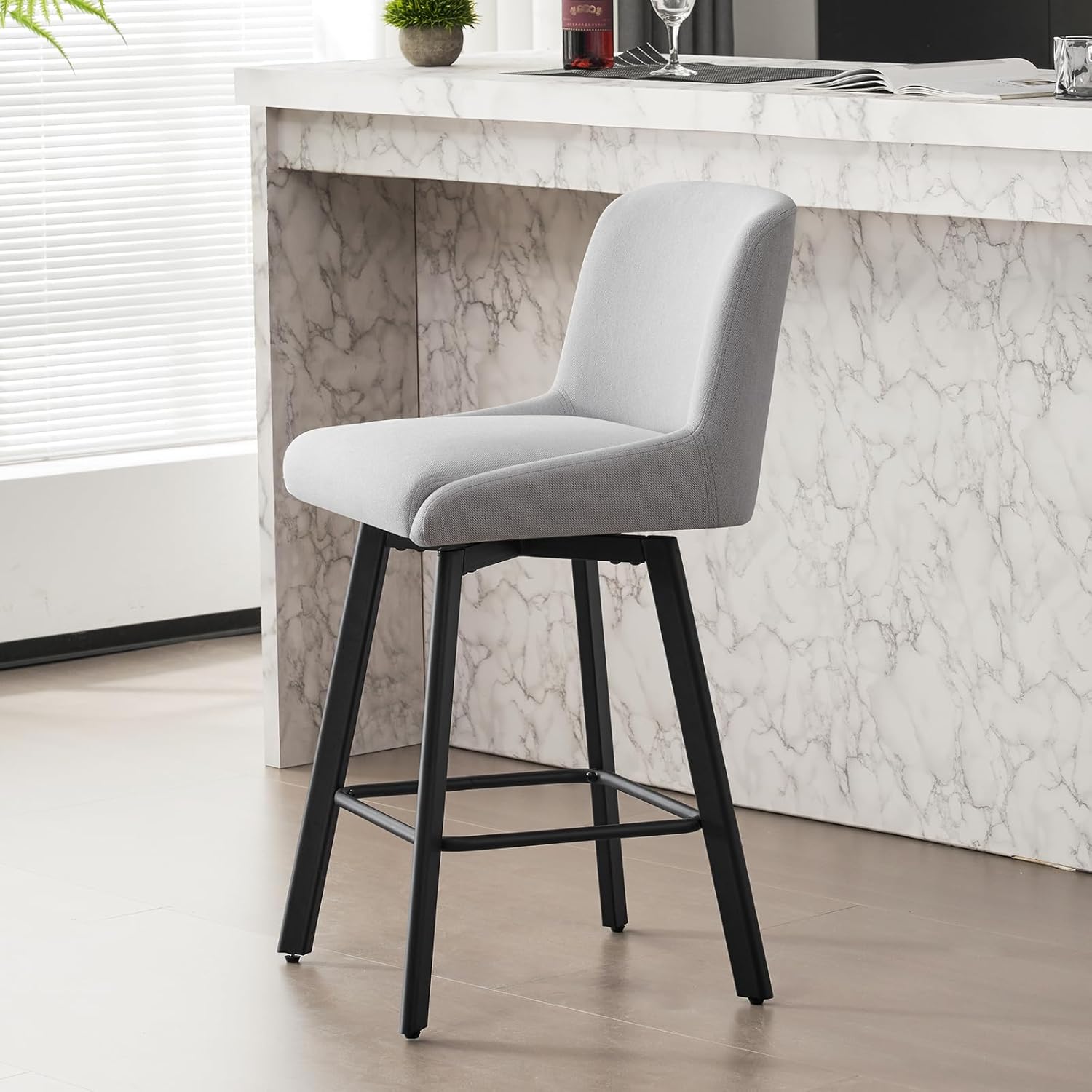 SAECKBERG Swivel Bar Stools Set of 3, 26''H Upholstered Barstools with Backs, Modern Counter Height Bar Stool Chairs for Kitchen Island, Metal Legs, Light Gray Fabric Counter Stools