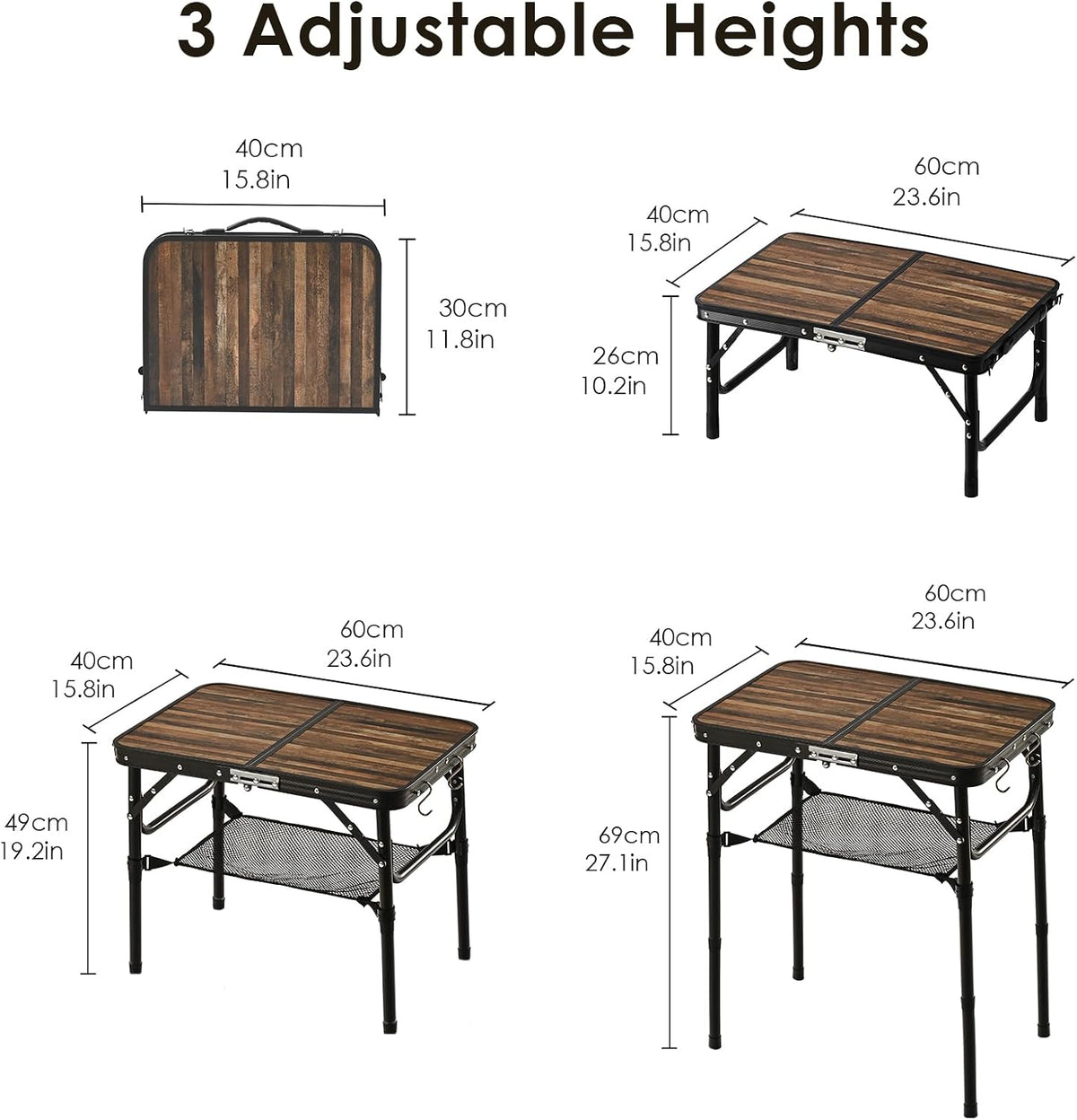 Folding TV Dinner Tray Table, Adjustable Height Sofa Snack Table | Portable Table with Storage Net, Lightweight Aluminum Couch End Table for Living Room, Bedroom, Camping, Patio, Rustic Brown