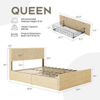 Yechen Queen Bed Frame with Natural Rattan Headboard and Wooden 4 Storage Drawers, Metal Platform with Strong Wooden Slats Support, Boho Cane Bed Mattress Foundation, No Box Spring Needed