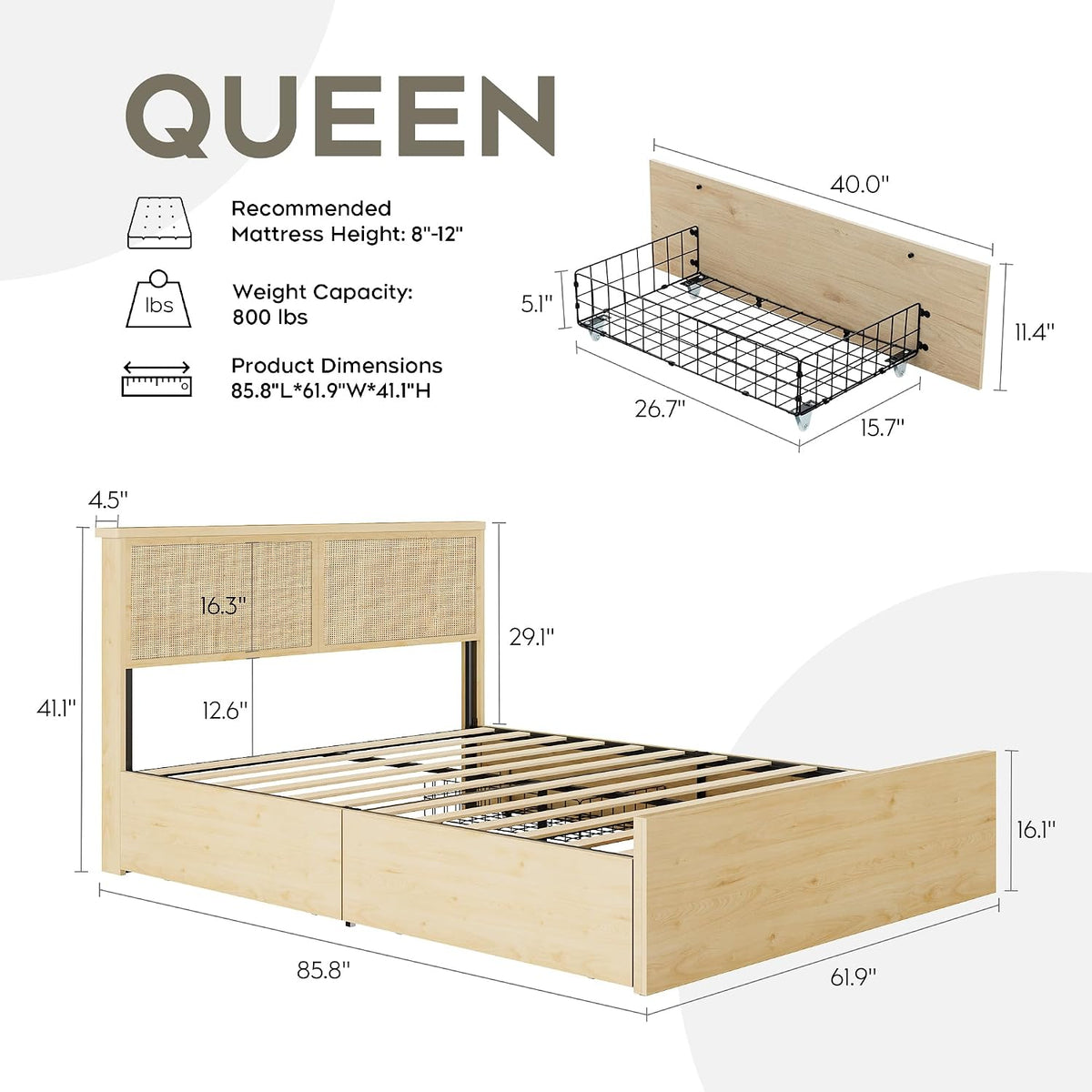 Yechen Queen Bed Frame with Natural Rattan Headboard and Wooden 4 Storage Drawers, Metal Platform with Strong Wooden Slats Support, Boho Cane Bed Mattress Foundation, No Box Spring Needed