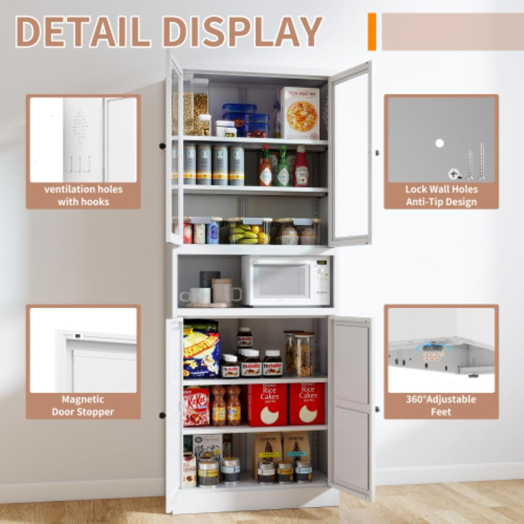 Kitchen Pantry Cabinet,72" White Pantry Storage Cabinet with Adjustable Shelves and Glass Doors,Freestanding Cupboard,Metal Pantry Cabinets with Handle for Living Room Kitchen Assembly Required