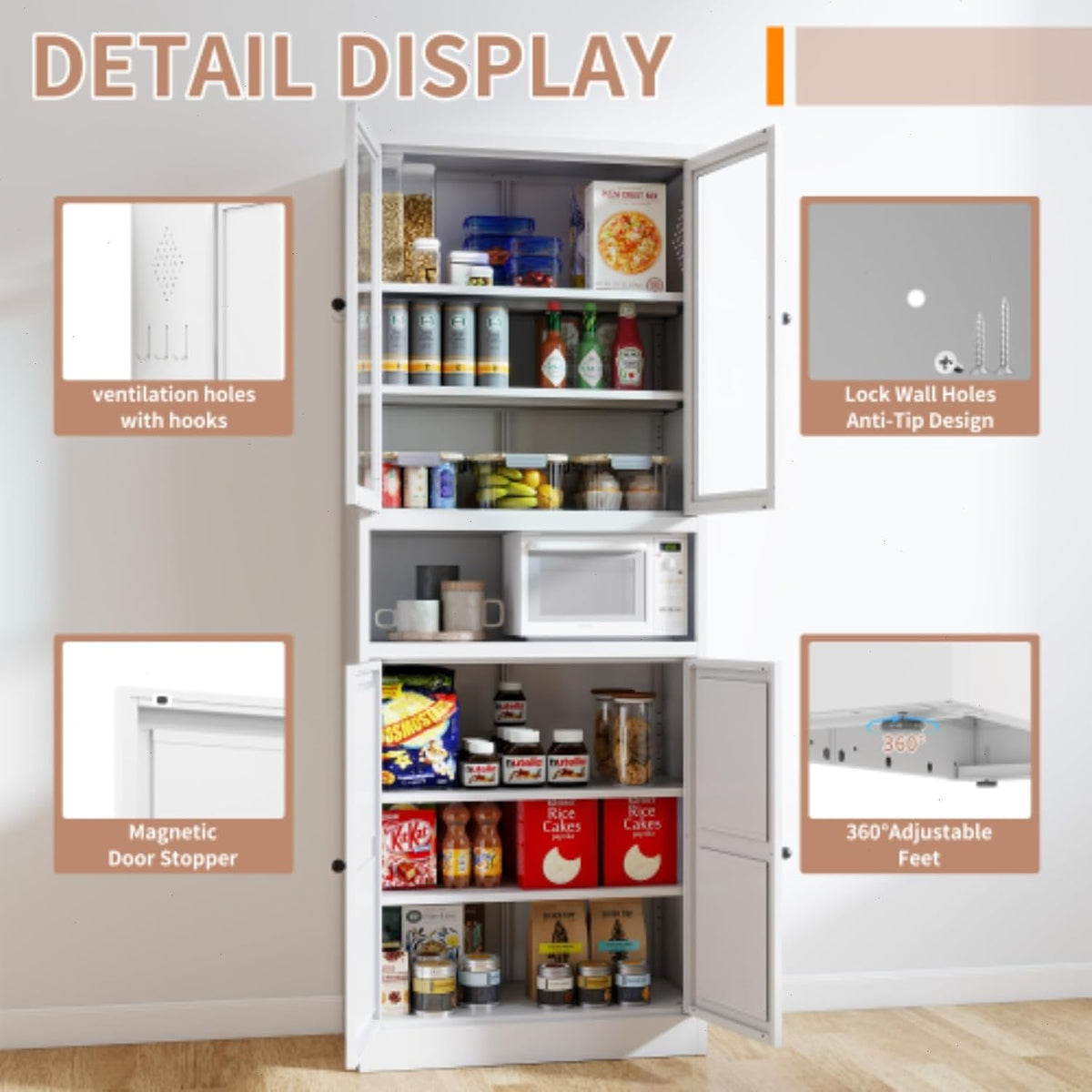 Kitchen Pantry Cabinet,72" White Pantry Storage Cabinet with Adjustable Shelves and Glass Doors,Freestanding Cupboard,Metal Pantry Cabinets with Handle for Living Room Kitchen Assembly Required
