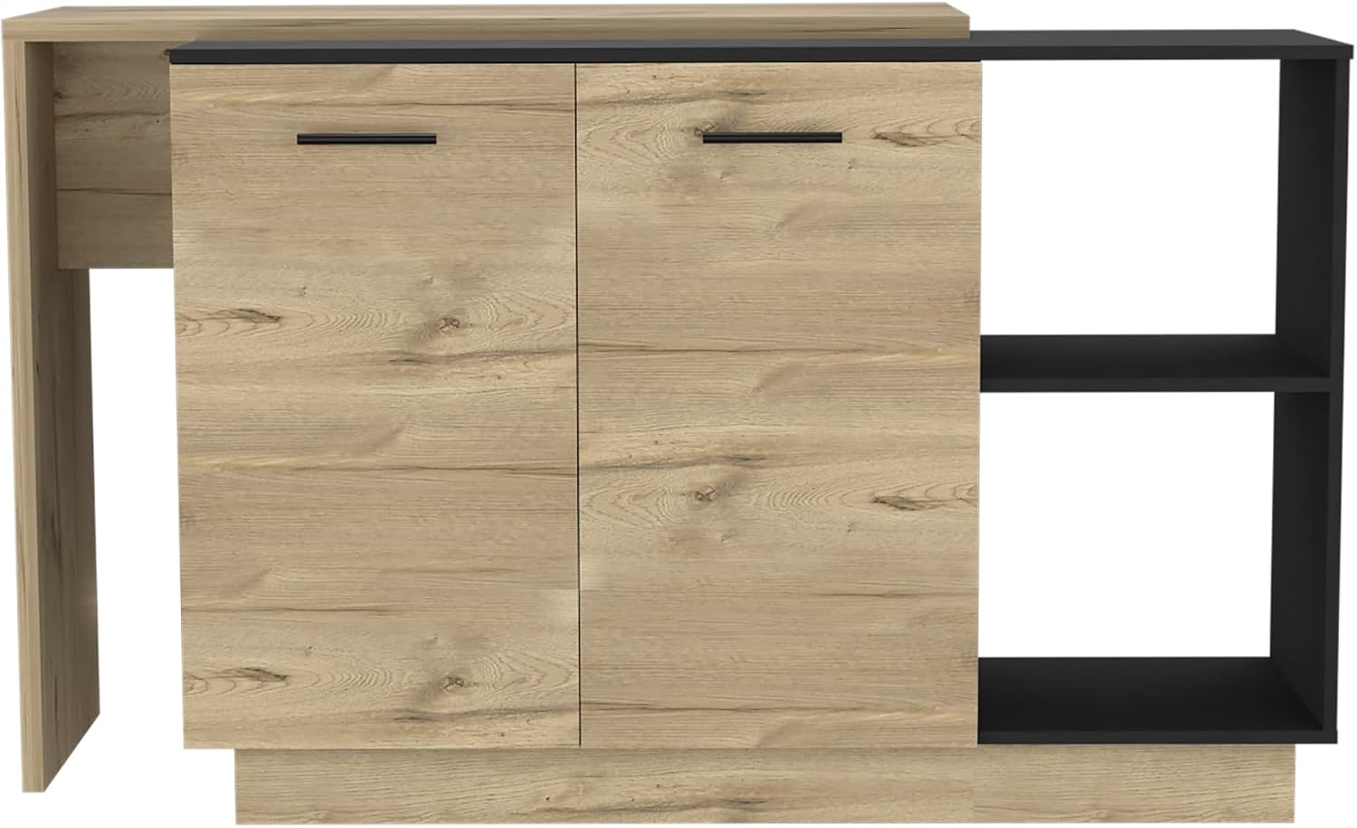 Kitchen Island Ohio - Modern Black and Light Oak Kitchen Island | Two open shelves and three interior shelves for storage and display