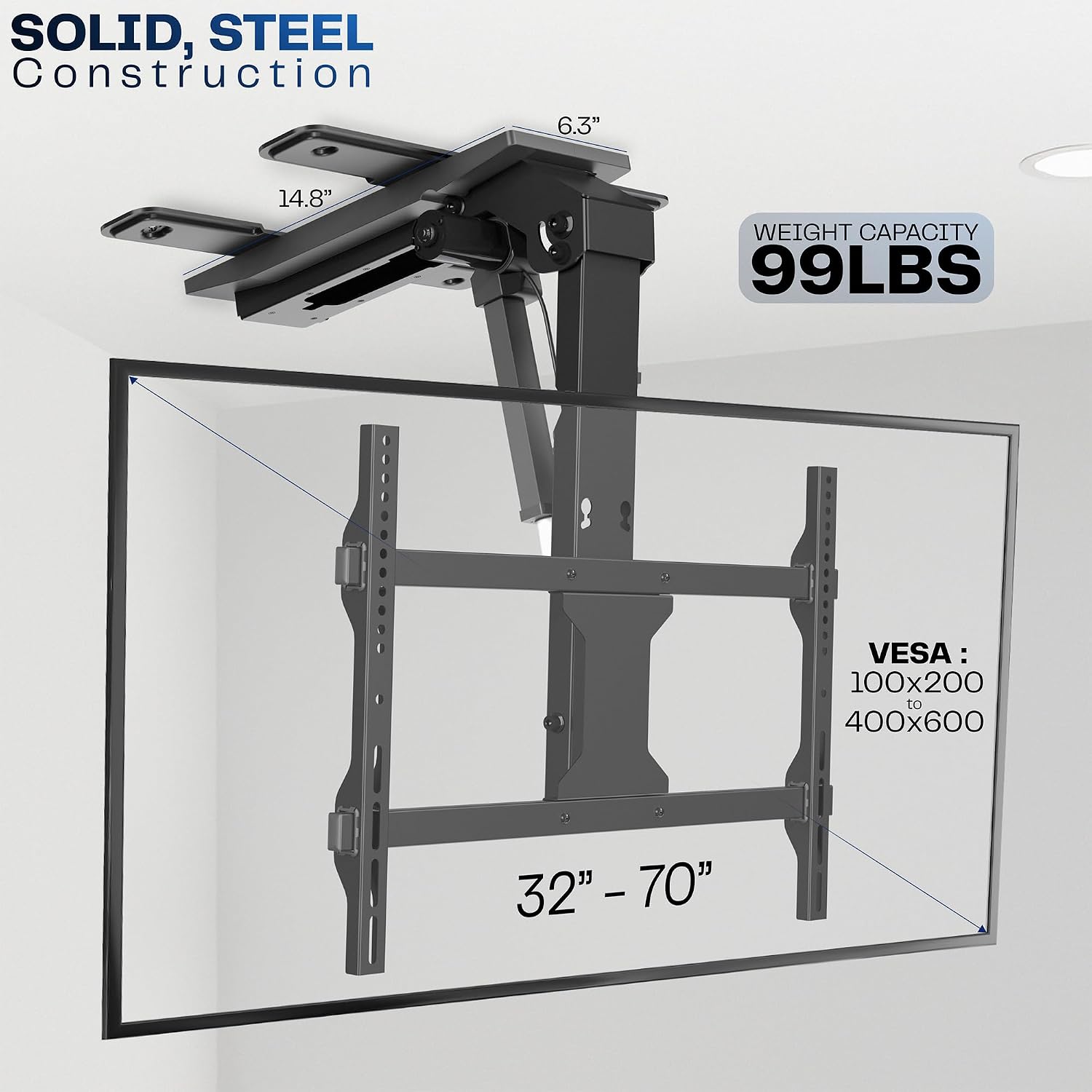 VIVO Black Electric Ceiling TV Mount for 37 to 70 in Screens, MOUNT-E-FD75C | Large Motorized Flip Down TV Mount, Pitched Roof VESA Mount, Heavy Duty Steel, App and Voice Control, Holds 99 lbs