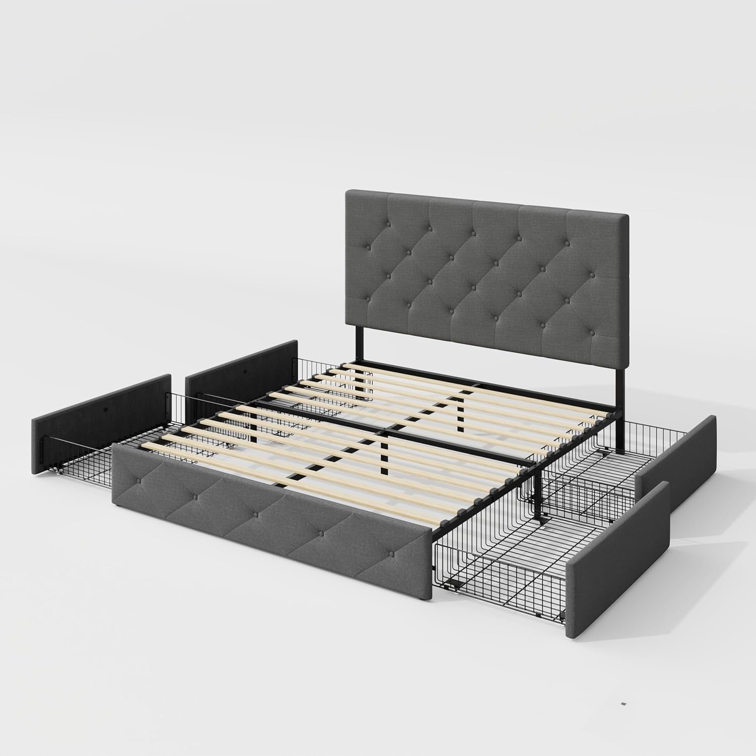 Allewie Queen Size Storage Bed Frame with 4 Underbed Drawers, Light Grey