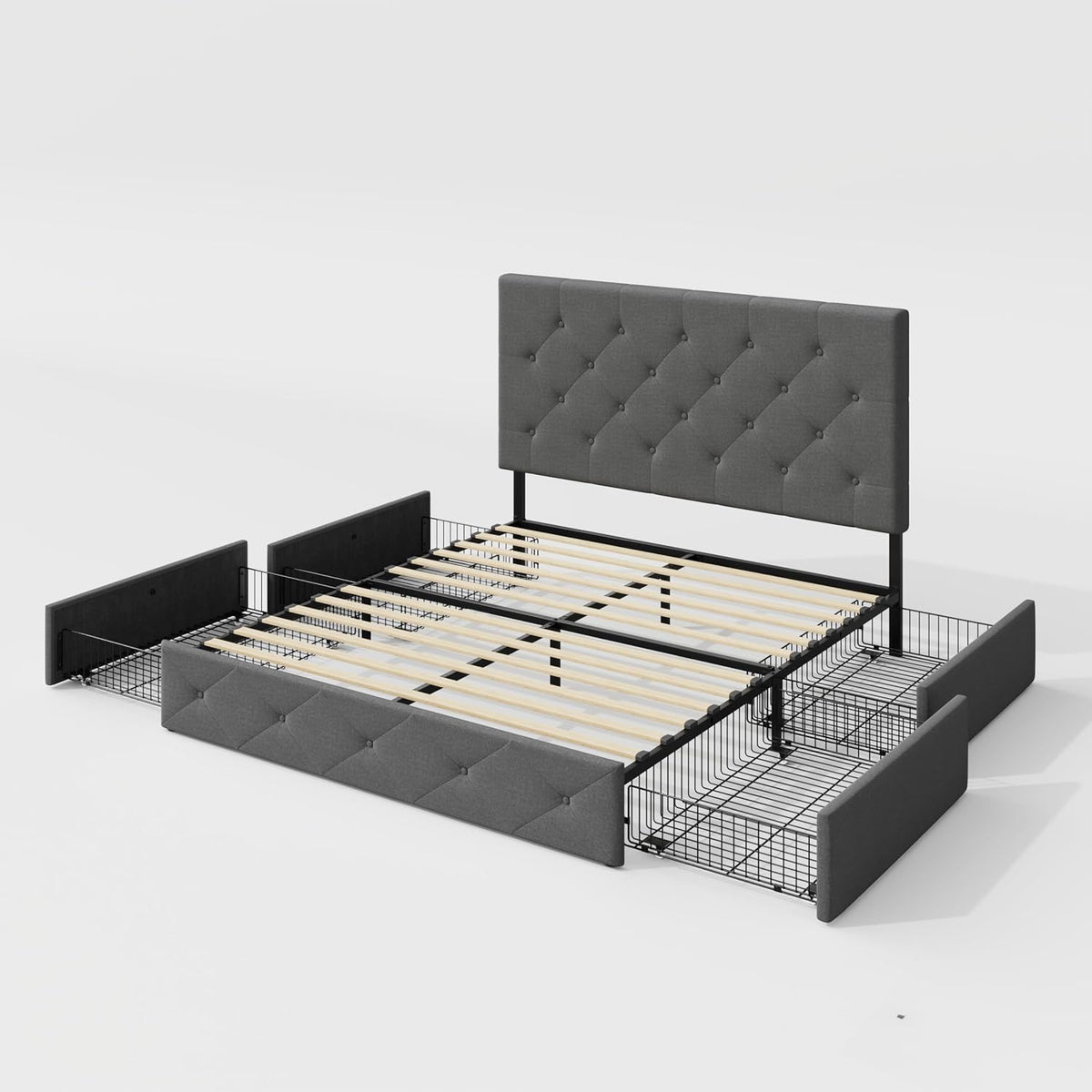 Allewie Full Size Storage Bed Frame with 4 Underbed Drawers, Light Grey