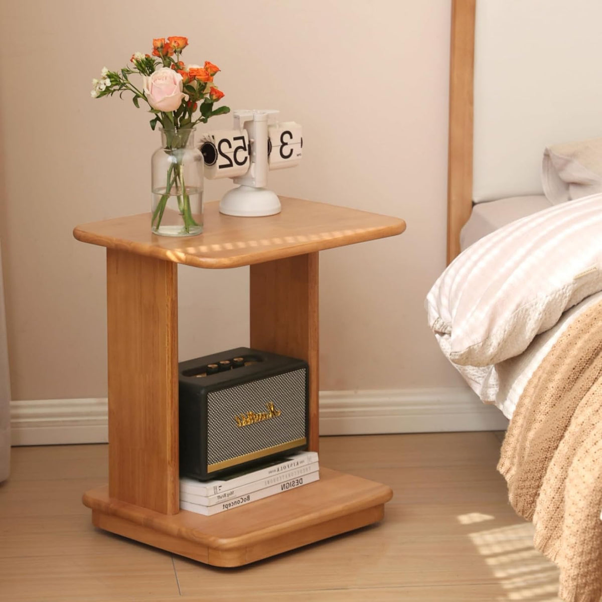 YESWOOD C Shaped End Table, Solid Wood Side Table, Small Rolling Side Table with 4 Lockable Wheels, 2-Tier Wood Bedside Table, End Tables Living Room, Bed Side Tables Bedroom, Home Office(19.69" H)