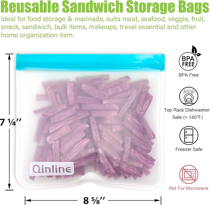 Reusable Food Storage Bags - 10 Pack Freezer Bags, Extra Thick Leakproof Lunch Bags for Salad Fruit Marinate Meats Travel - 10 Sandwich Storage Bag