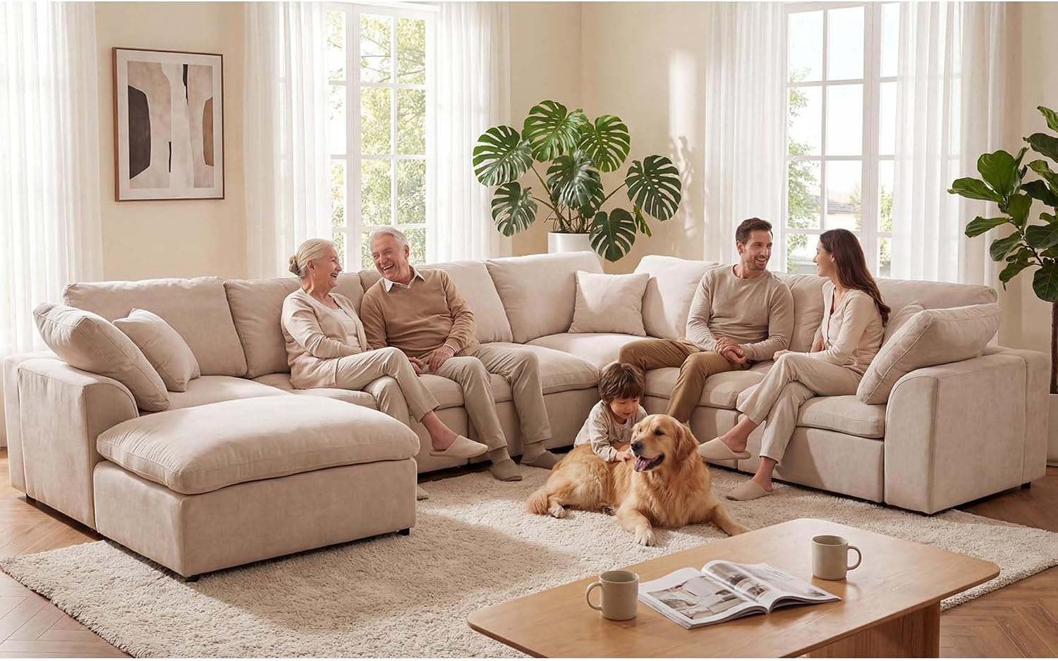 KIVENJAJA 130.3" Oversized Modular Sectional Cloud Sofa Couch, Beige