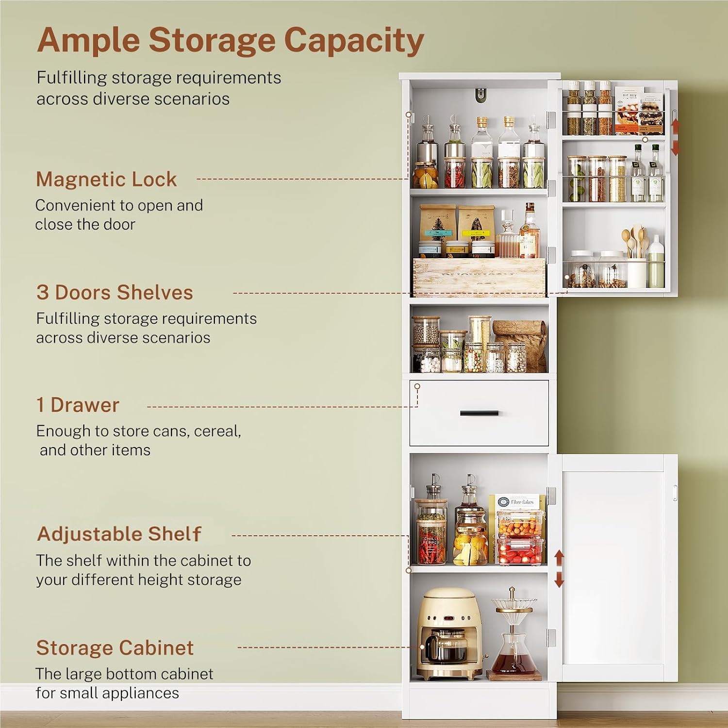 TEENFON 67" H Tall Storage Cabinet with 2 Doors, Bathroom Storage Cabinet, Kitchen Pantry Cabinets for Living Room, Dining Room, Bathroom, White