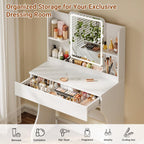 Driftalia White Small Vanity Desk with Mirror and 3 Color Adjustable Lights | Dimmable Brightness, Multi-Layer Storage, Quick Assembly, for Bedroom, Dressing Room