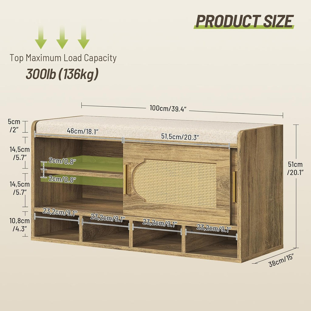 Shoe Storage Bench, 39.4" Entryway Bench with Linen Seat Cushion, 3-Tier Rattan-Style Shoe Cabinet Bench with Sliding Door, 4 Open Compartments and Adjustable Shoe Shelves, for Hallway, Natural Pecan