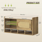 Shoe Storage Bench, 39.4" Entryway Bench with Linen Seat Cushion, 3-Tier Rattan-Style Shoe Cabinet Bench with Sliding Door, 4 Open Compartments and Adjustable Shoe Shelves, for Hallway, Natural Pecan