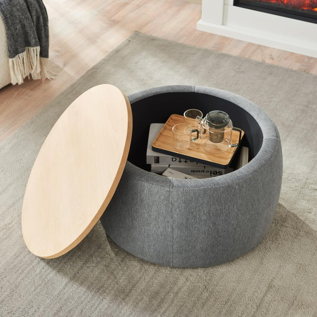 Round Storage Ottoman, 2 in 1 Function, Work as End Table and Ottoman, Dark Grey (25.5"x25.5"x14.5")