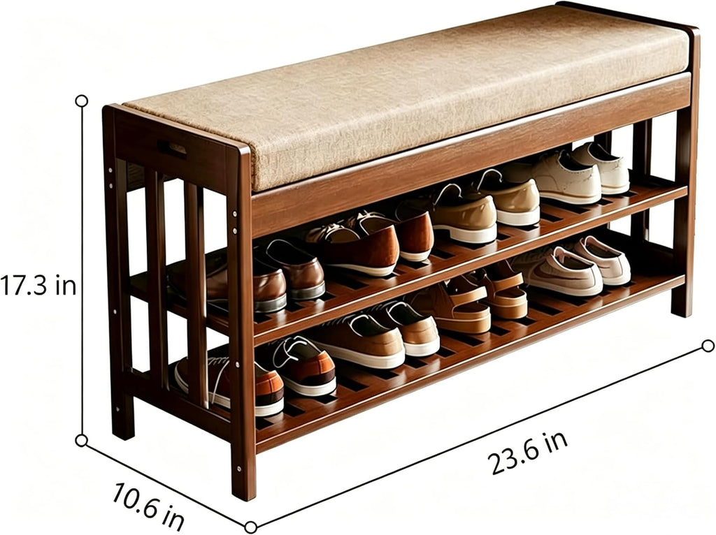 SACSTAR Shoe Rack and Storage Bench for Entryway, 2-Tier Upholstered Shoe Organizer with Cushion, 17.3" x 10.6" x 23.6" Compact Shoe Bench for Hallway, Living Room, Bedroom