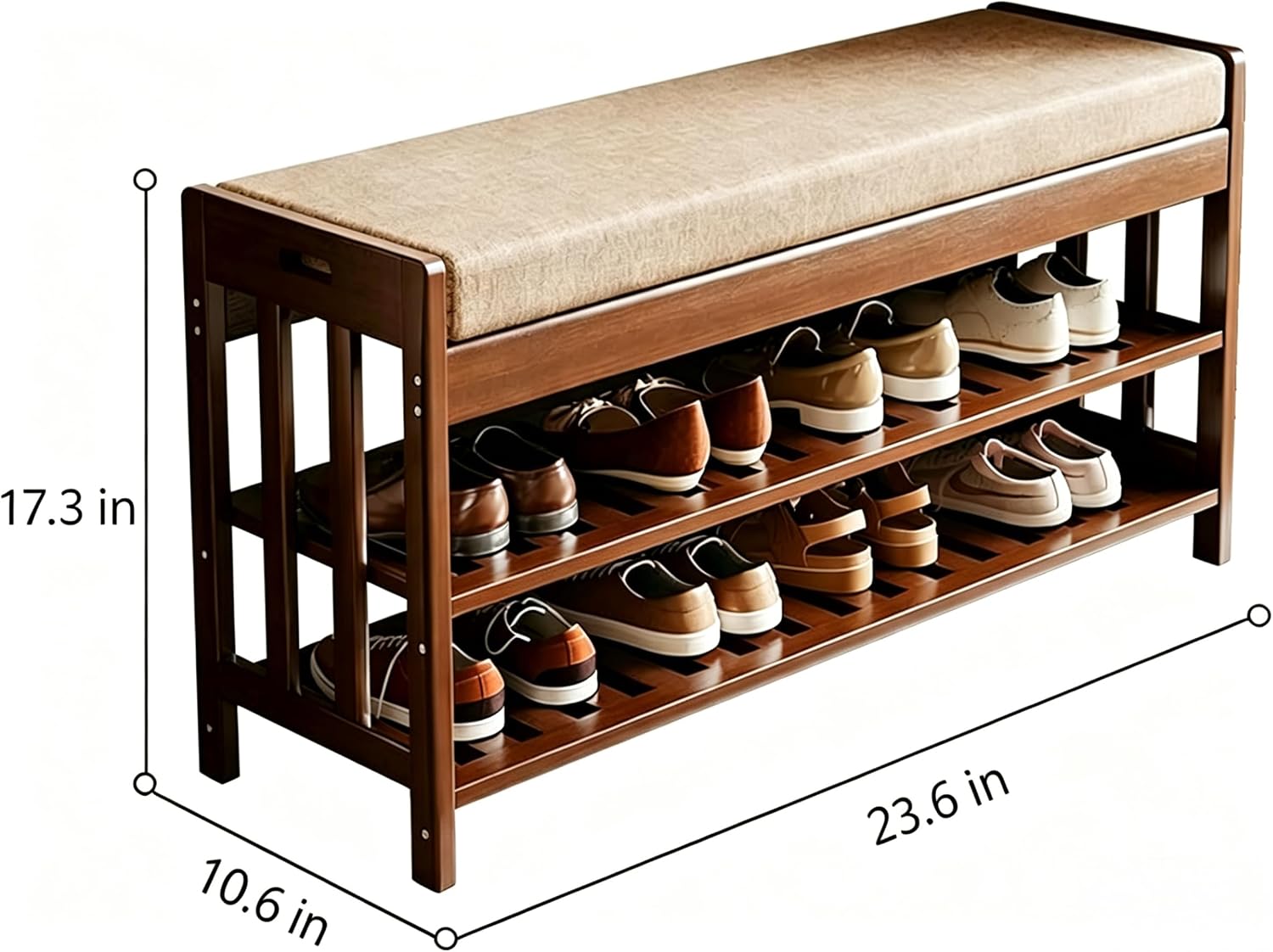 SACSTAR Shoe Rack and Storage Bench for Entryway, 2-Tier Upholstered Shoe Organizer with Cushion, 17.3" x 10.6" x 23.6" Compact Shoe Bench for Hallway, Living Room, Bedroom