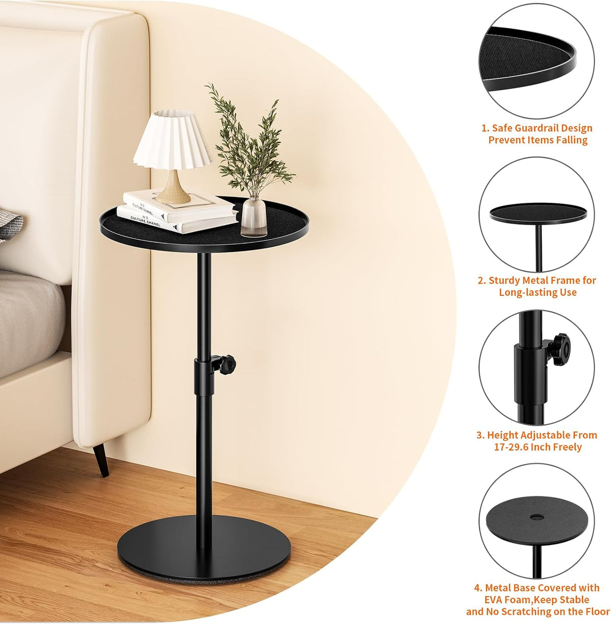 Metal End Table, Height Adjustable Side Tables Living Room, Small Side Table for Small Spaces Round Drink Table TV Tray Table for Living Room, Bedroom, Balcony, Office, Indoor & Outdoor