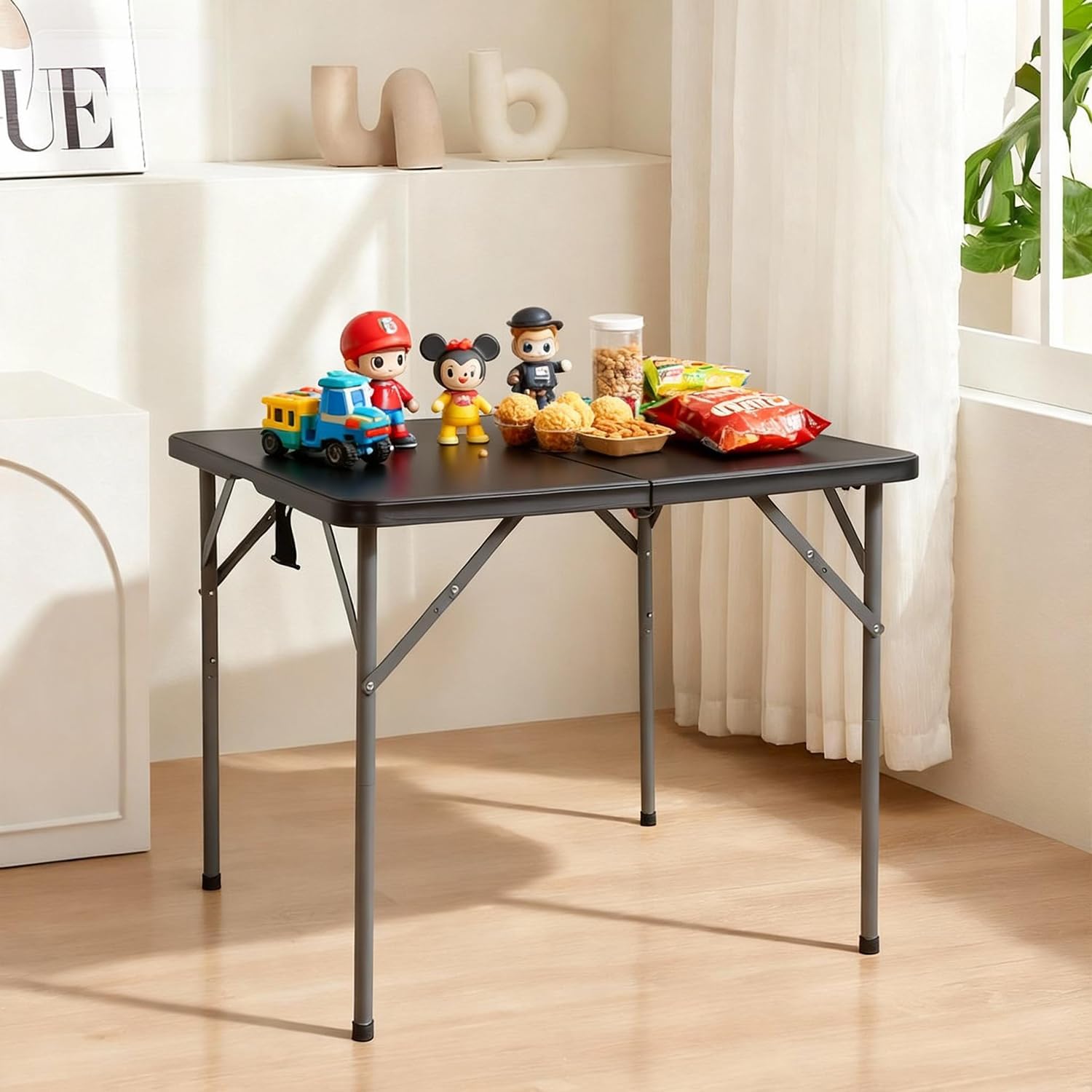 FDW 34" Folding Card Table Plastic Table Portable Square Height Dining Table Perfect for Party and Parties Backyard Events, Black