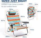 PASAMIC Backpack Beach Chairs for Adults 2 Pack Portable, Lay Flat Reclining Beach Chairs with 5 Positions, Tall Heavy Duty Folding Chair with Cup Holder, Cooler Pouch, Towel Bar, Multicolor Stripe