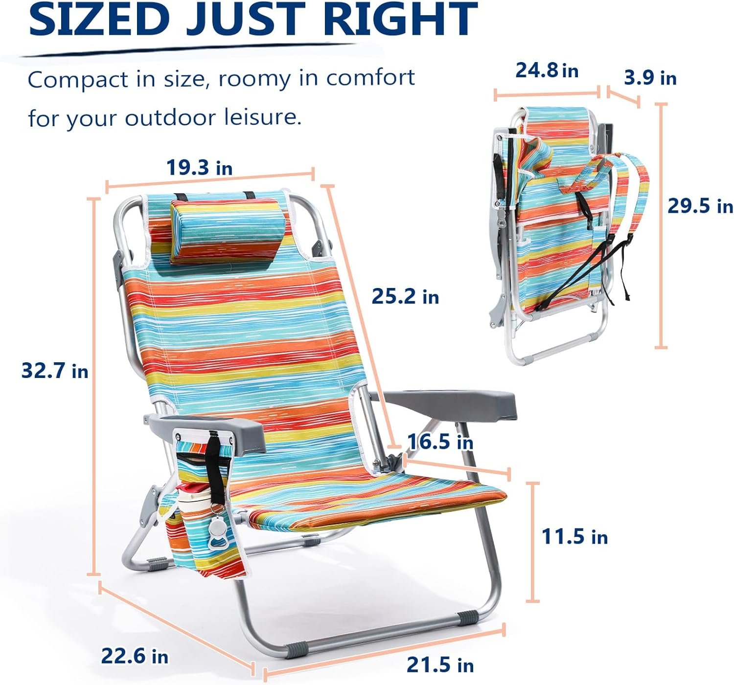 PASAMIC Backpack Beach Chairs for Adults 2 Pack Portable, Lay Flat Reclining Beach Chairs with 5 Positions, Tall Heavy Duty Folding Chair with Cup Holder, Cooler Pouch, Towel Bar, Multicolor Stripe