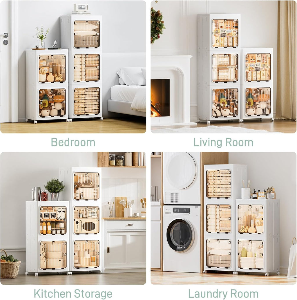 JEKO&JEKO 315 Qt Expanded Bathroom Storage Cabinet, 3-Tier Tall Cabinet Organizer with Wheels, Foldable Plastic Storage Bin for Kitchen, Laundry Room or Home, White