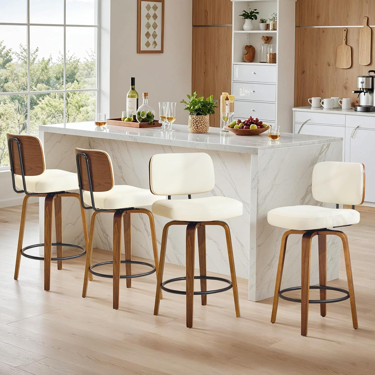 Counter Height Bar Stools Set of 3, 26+inch Swivel Faux Leather Barstool with Back, Upholstered Mid-Century Modern Bar Chairs with Bent Wood Legs for Kitchen Counter, Dining Room, Cream White