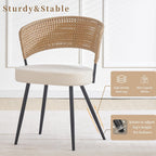 Rattan Dining Chairs Set of 4,Farmhouse Upholstered Teddy Cushion with PE Cane Round Back Kitchen Chair,Mid Century Modern Dining Room Chair with Black Metal for Kitchen,White