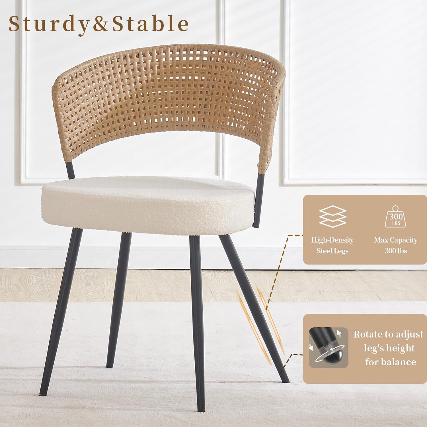 Rattan Dining Chairs Set of 4,Farmhouse Upholstered Teddy Cushion with PE Cane Round Back Kitchen Chair,Mid Century Modern Dining Room Chair with Black Metal for Kitchen,White