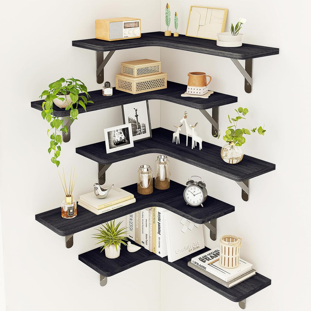 Fixwal Corner Shelves Wall Mounted Set of 5, Floating Shelves for Wall Bathroom, Kitchen, Bedroom, Home Decor, Laundry Room, Living Room (Black)