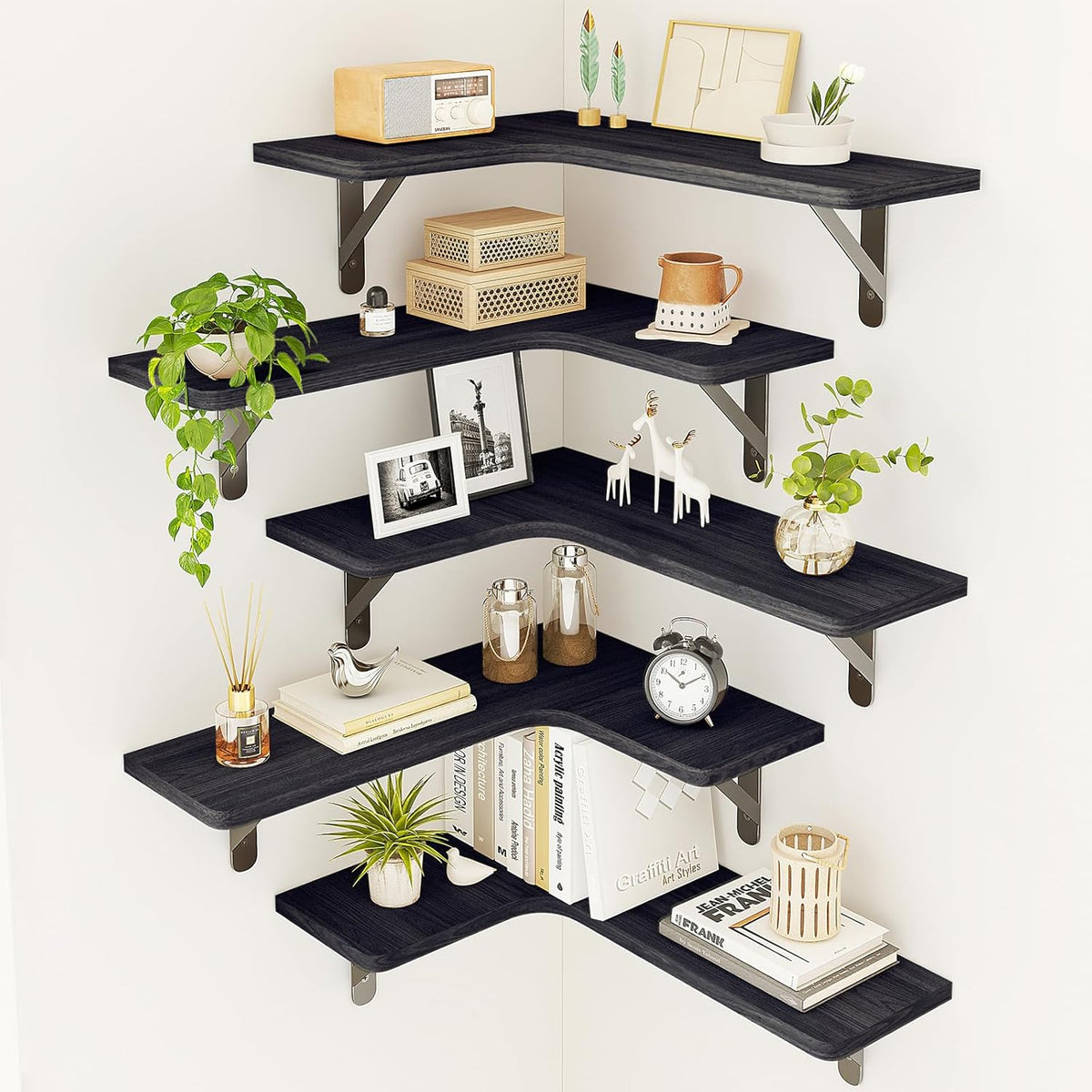 Fixwal Corner Shelves Wall Mounted Set of 5, Floating Shelves for Wall Bathroom, Kitchen, Bedroom, Home Decor, Laundry Room, Living Room (Black)