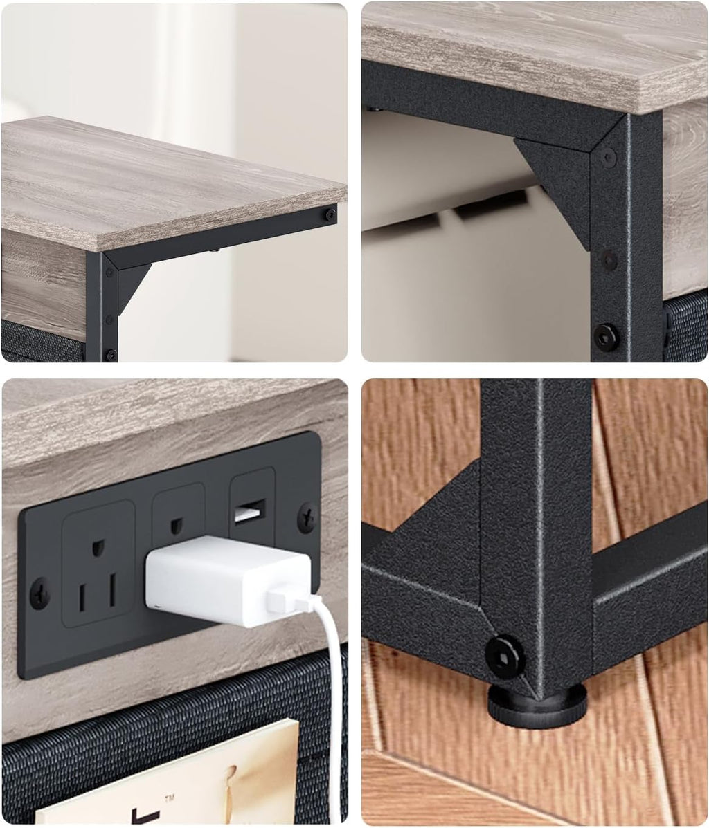 C-Shaped End Table with Fast-Charging Station, Small Couch Side Table with Storage Bag, Sofa TV Tray Table for Living Room, Bedroom, Bedside ET-GY-W1