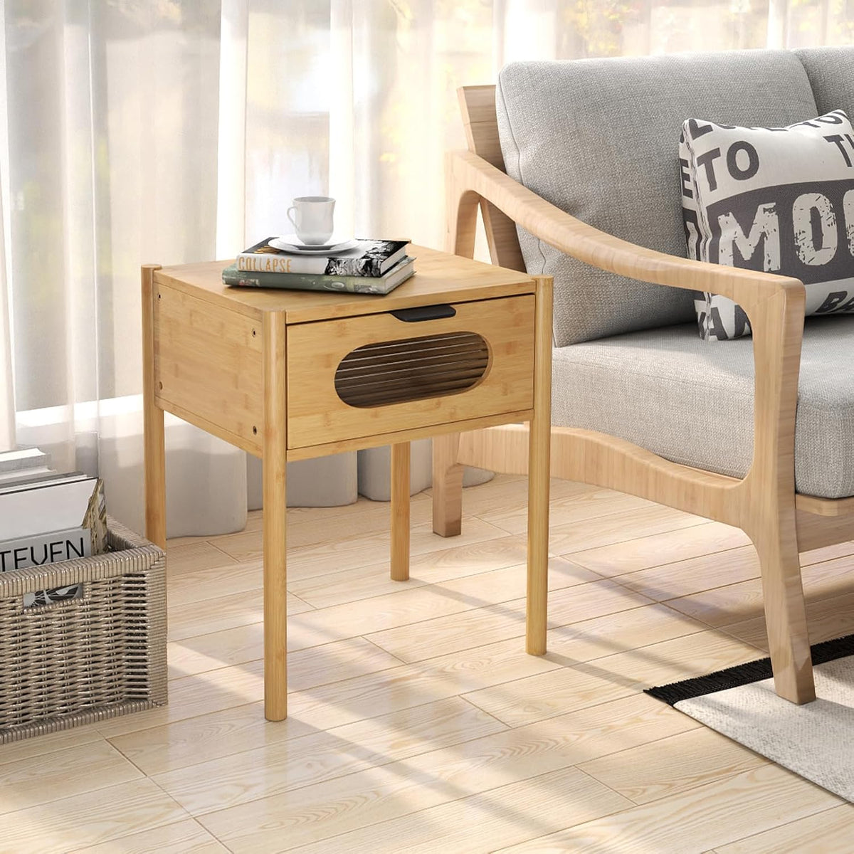 Giantex Bamboo Nightstand Set of 2, Mid Century Modern Bedside Table with Tempered Glass Decorated Drawer, Boho End Table for Bedroom, Living Room and Small Spaces, 16" L x 16" W x 20" H, Natural