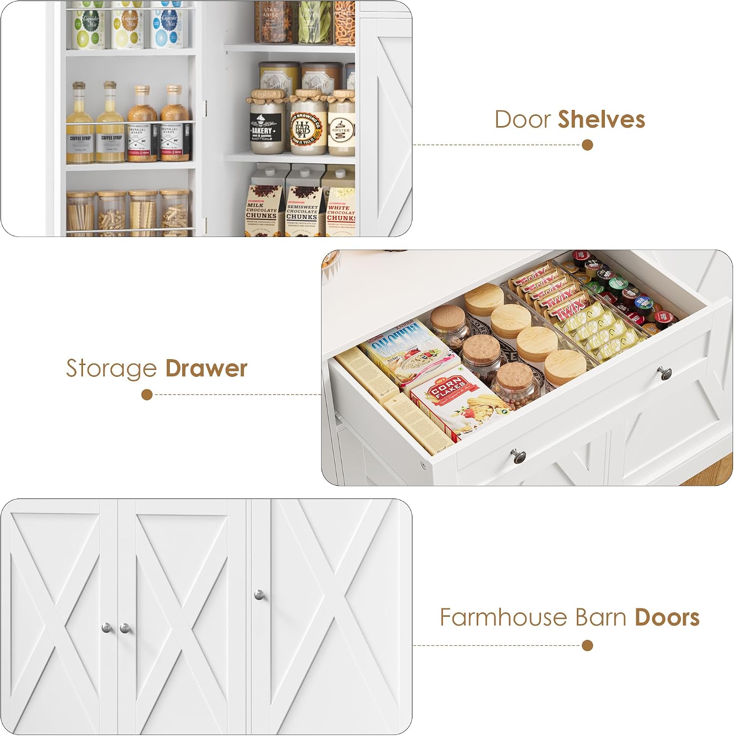 HIFIT 72.8”Hx55”W Pantry Cabinet with LED & Charging Station, Kitchen Hutch | Farmhouse Coffee Bar Cabinet with Storage Drawer, Large Countertop, Swing-Out Door, Hutch Cabinet with Storage, White