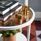 2 Tier Round Side Table with Tempered Amber Glass Top, White Metal End Table for Small Spaces, Bedroom, Living Room,Cute Retro Aesthetic Nightstand, Modern Vibe Accent Table for Plant & Decor