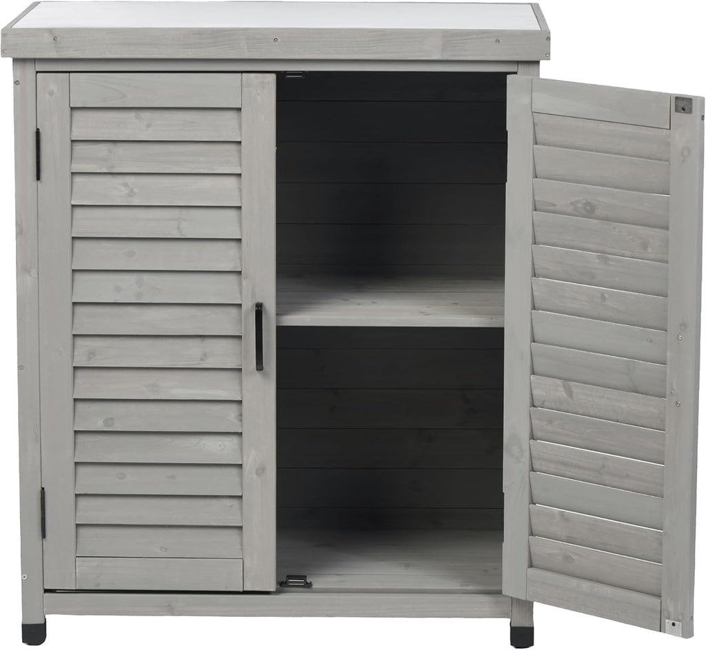 32" Solid Wood Storage Cabinet, Sideboard Cabinets with Metal Table Top, Living Room Organizer with Louvered Ventilation for Outdoor Patios, Grey