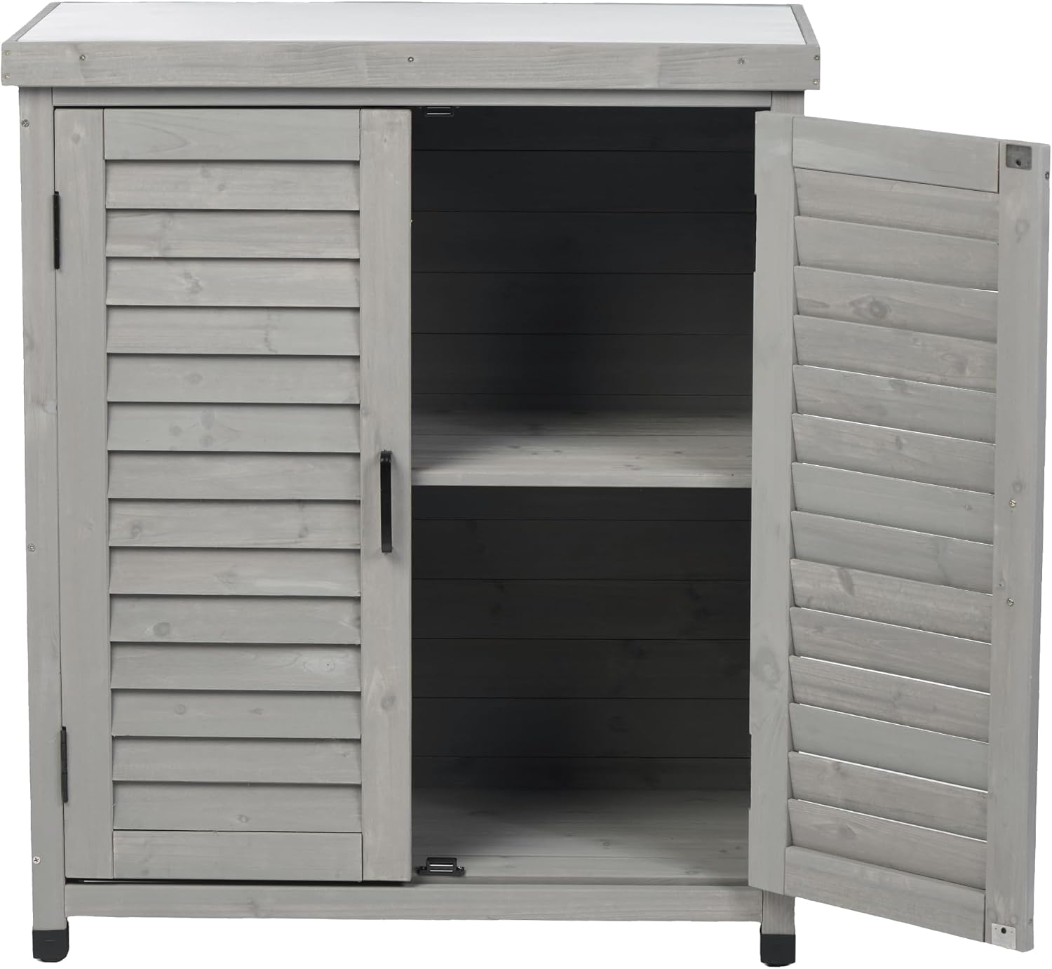 32" Solid Wood Storage Cabinet, Sideboard Cabinets with Metal Table Top, Living Room Organizer with Louvered Ventilation for Outdoor Patios, Grey