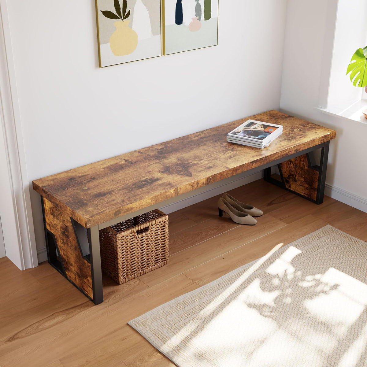 HIPIHOM Table Benches 2-Pack 54.72" Long, Antique Wood & Black Metal Legs, Rustic Farmhouse Benches for Dining Entryway Bedroom