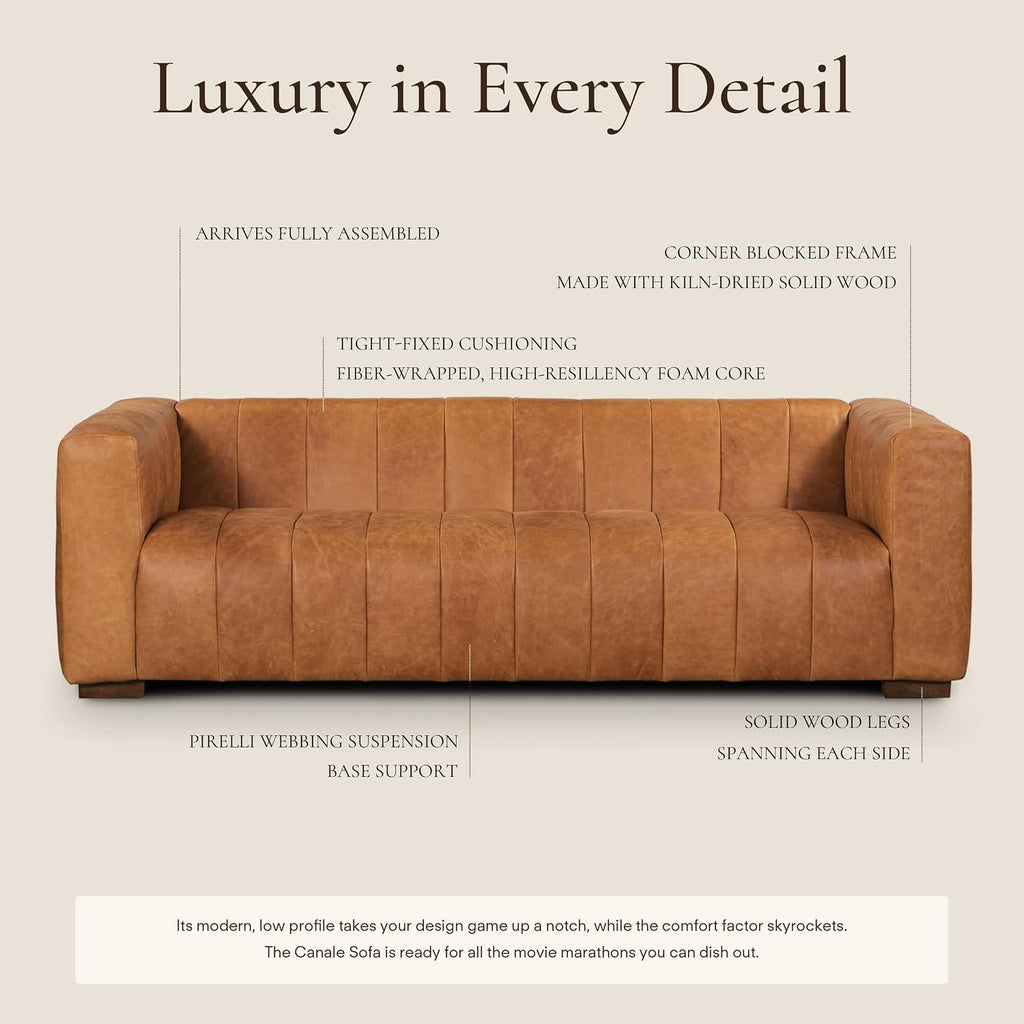 POLY & BARK Canale Sofa – 86" Channel-Tufted Italian Leather Couch – Cognac Tan Full-Grain Pure-Aniline or Semi-Aniline Leather, Solid Wood Frame & Legs