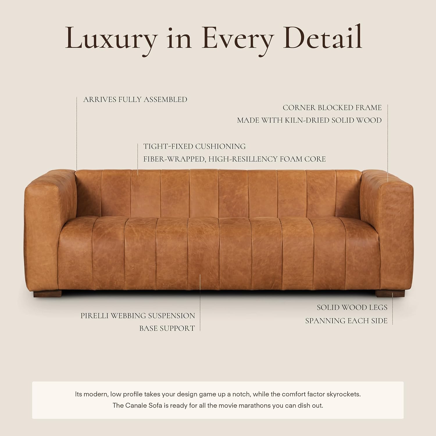POLY & BARK Canale Sofa – 86" Channel-Tufted Italian Leather Couch – Cognac Tan Full-Grain Pure-Aniline or Semi-Aniline Leather, Solid Wood Frame & Legs