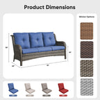 Belord Patio Sofa Luxury PE Wicker 3-Seater Outdoor Couch, Modern All-Weather High Back Deep Seat Woven Furniture Set for Porch, Deck, Balcony, Backyard - Grey/Blue