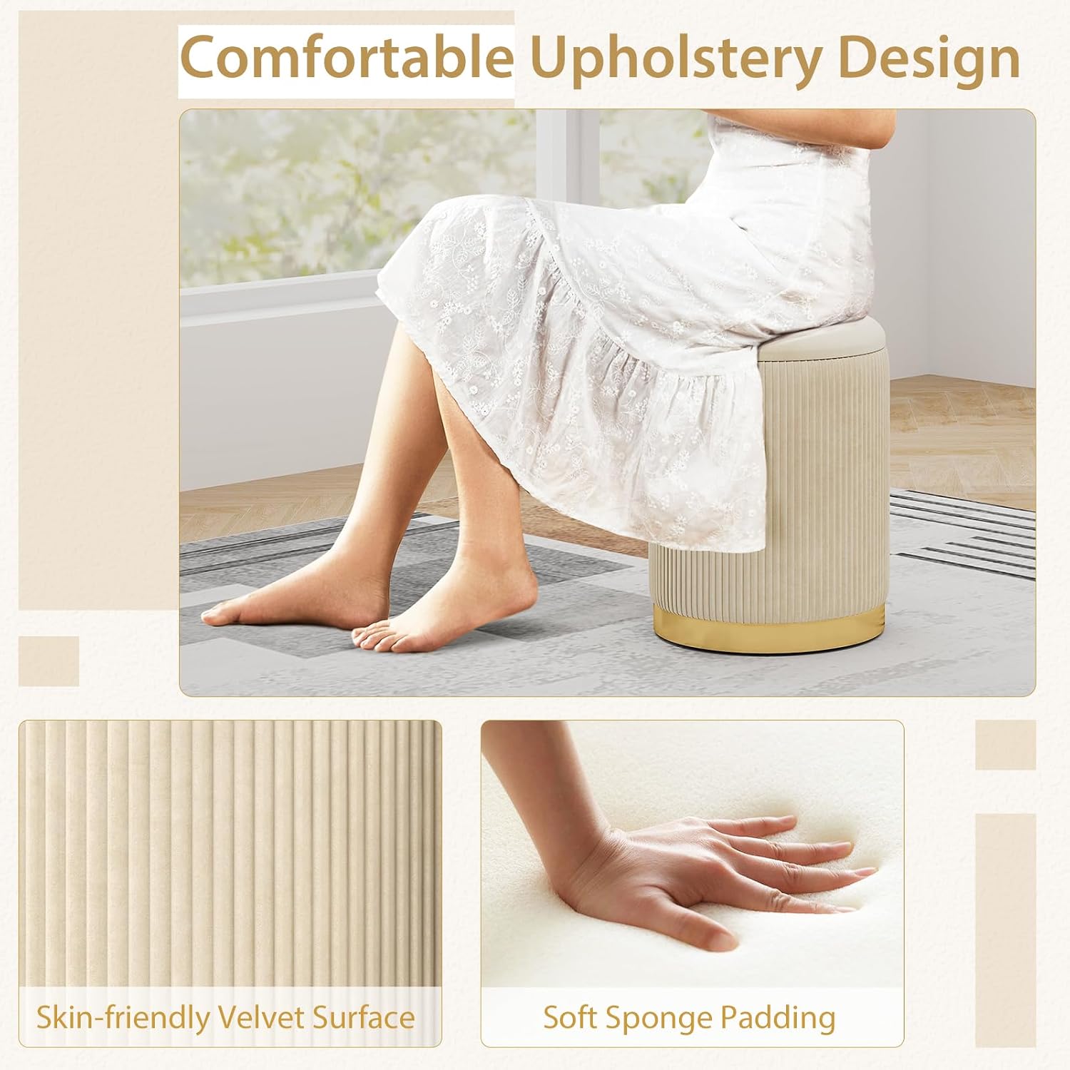 GIANTEX Ottoman with Storage, 1 Large & 1 Small Nesting Ottoman Side Table | Set of 2 Storage Ottomans, Upholstered Velvet/Linen Round Foot Rest Vanity Stool for Bedroom Living Room, Beige & Golden
