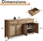 HOKYHOKY 63" Rattan Sideboard Buffet Cabinet, Boho Storage Cabinet | Adjustable Shelves, 4 Doors & 3 Drawers, Farmhouse Credenza, Coffee Bar Cabinets, Living Room, Hallway, Kitchen