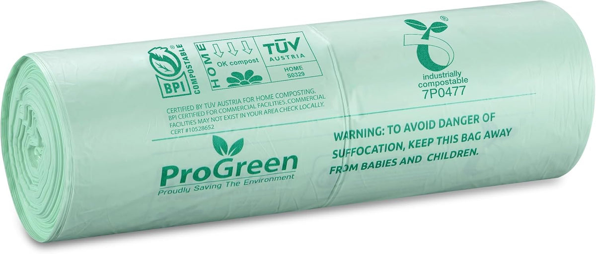 ProGreen Compostable Trash Bags 2.6 Gallon, 100 Count, Extra Thick 0.71 Mil, Small Compost Kitchen Bin Bags, Food Scraps Yard Waste Bags, Compost ASTM D6400 BPI and TÜV AUSTRIA Certified.