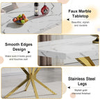 Faux Marble Dining Table Set for 6, Modern Kitchen Table Chairs Set 6, 70" Faux Marble Table with Gold Stainless Steel Leg, 6 White Pu Leather Chairs, 7 Piece Dining Set for Kitchen Living Dining Room