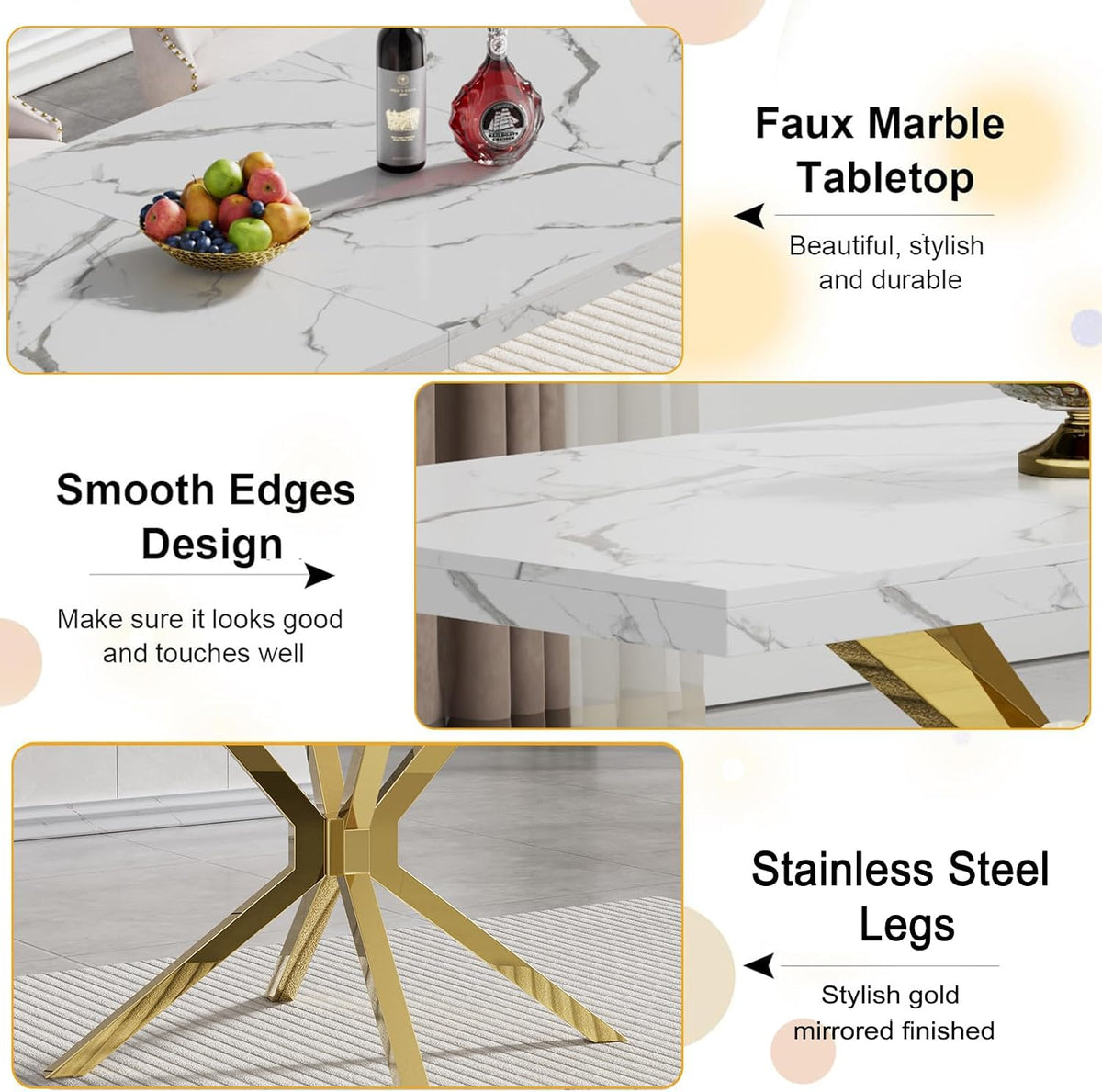 Faux Marble Dining Table Set for 6, Modern Kitchen Table Chairs Set 6, 70" Faux Marble Table with Gold Stainless Steel Leg, 6 White Pu Leather Chairs, 7 Piece Dining Set for Kitchen Living Dining Room