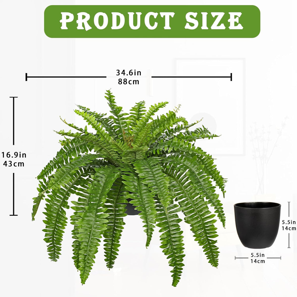 Artificial Fern Plants in Pot 34.6" Large Artificial Boston Fern 39 Leaves for Outdoors & Indoor Faux Potted Plant Fake Ferns Bush Plant for Patio Garden Farmhouse Porch Home Decor Green