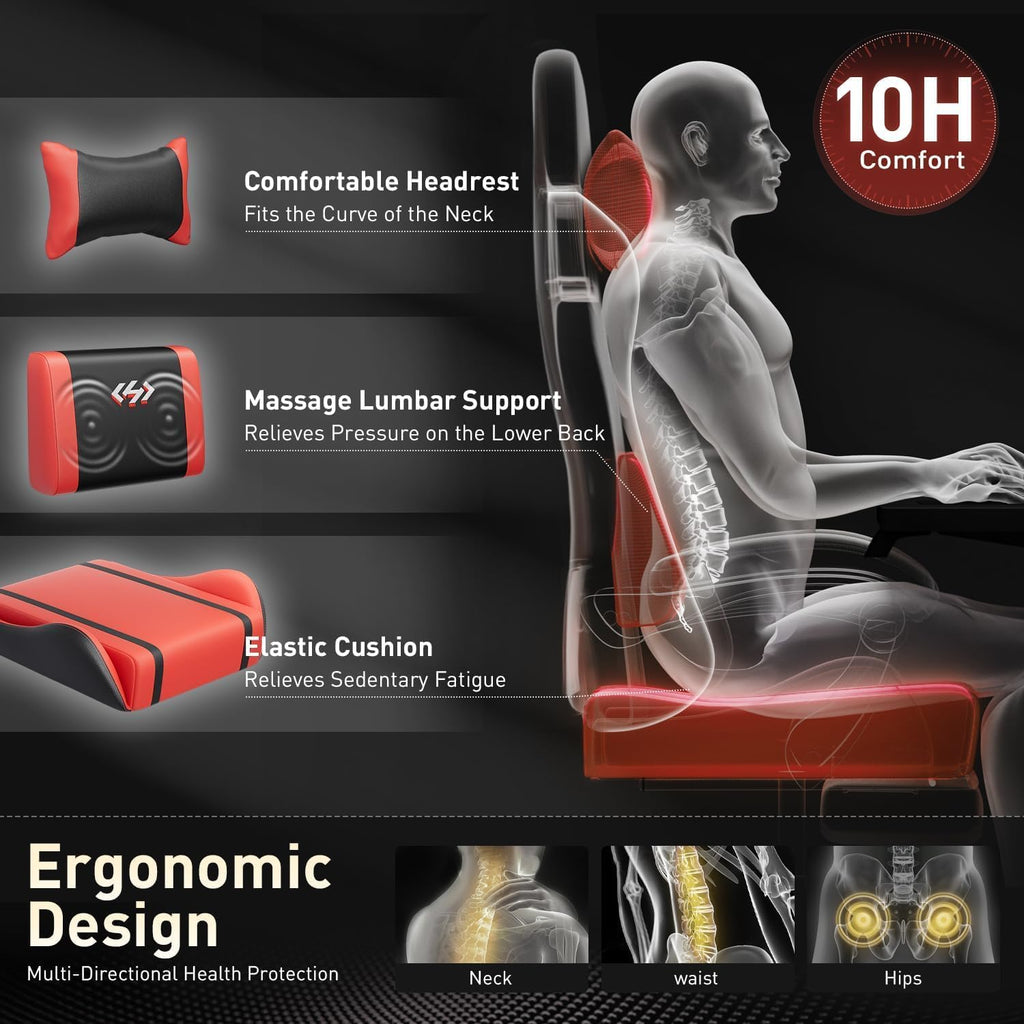 HLDIRECT High Back Gaming Chair, USB Massage Lumbar Support, Black&Red | PU Leather & Pocket Spring Seat Cushion, Footrest, 90°-135° recline, 330 lb capacity, for adult gaming, work & relaxing