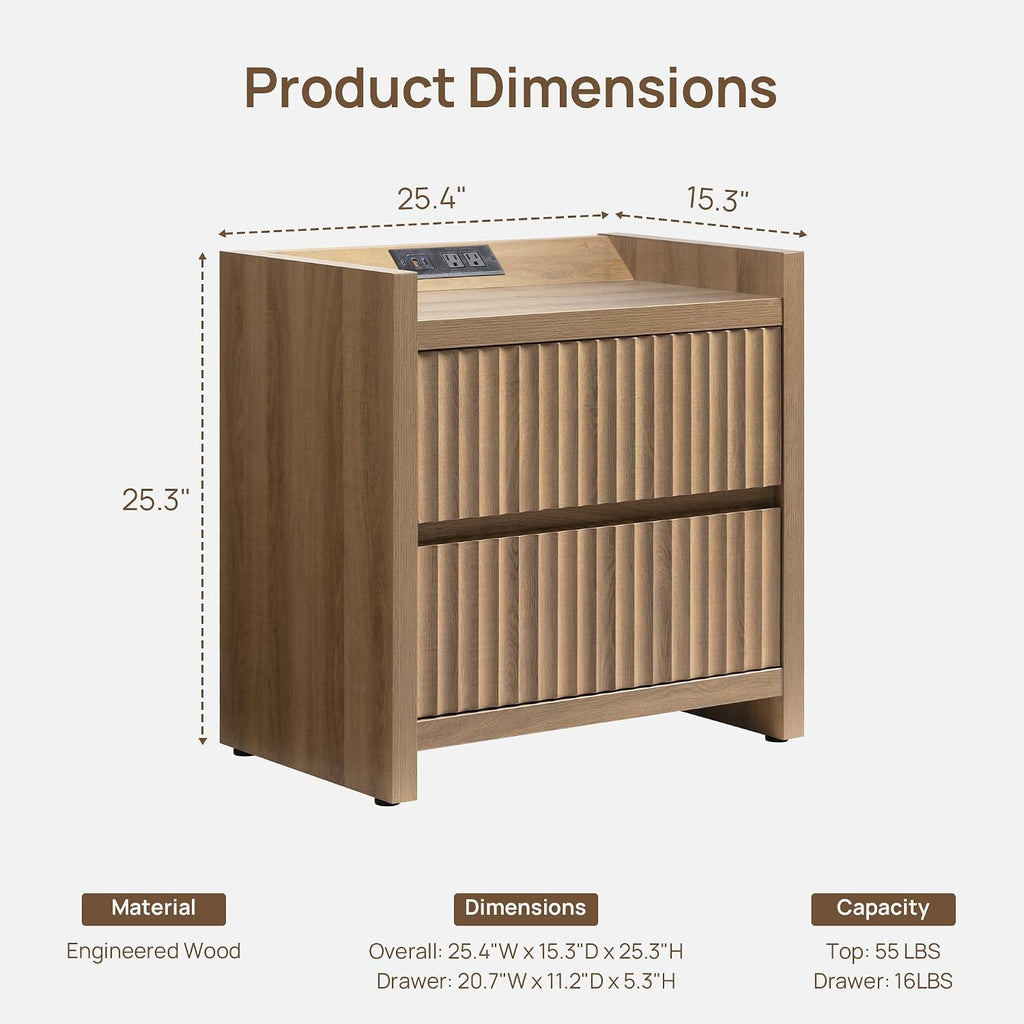 SICOTAS Night Stand Set 2 with Charging Station, Fluted Nightstands | Large Modern Nightstand with 2 Drawers for Bedroom, 25.4" Wide Bedside Table End Side Table for Sofa Side, Caramel Oak