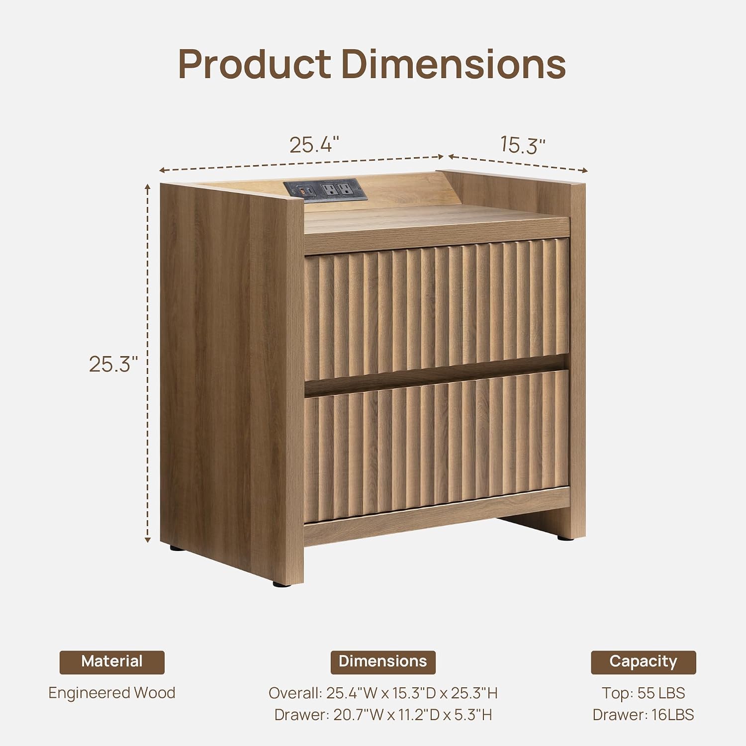 SICOTAS Night Stand Set 2 with Charging Station, Fluted Nightstands | Large Modern Nightstand with 2 Drawers for Bedroom, 25.4" Wide Bedside Table End Side Table for Sofa Side, Caramel Oak