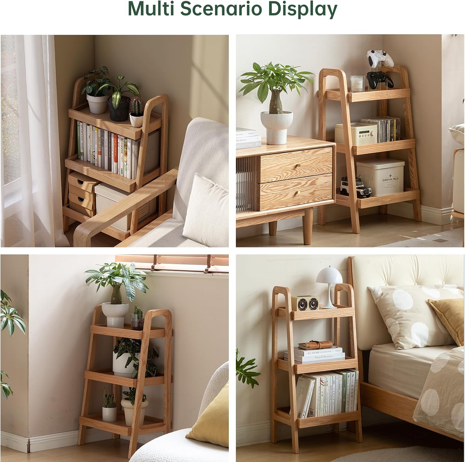 Oak Ladder Bookshelf, 3 Tier Display Shelf for Living Room, Natural Wood